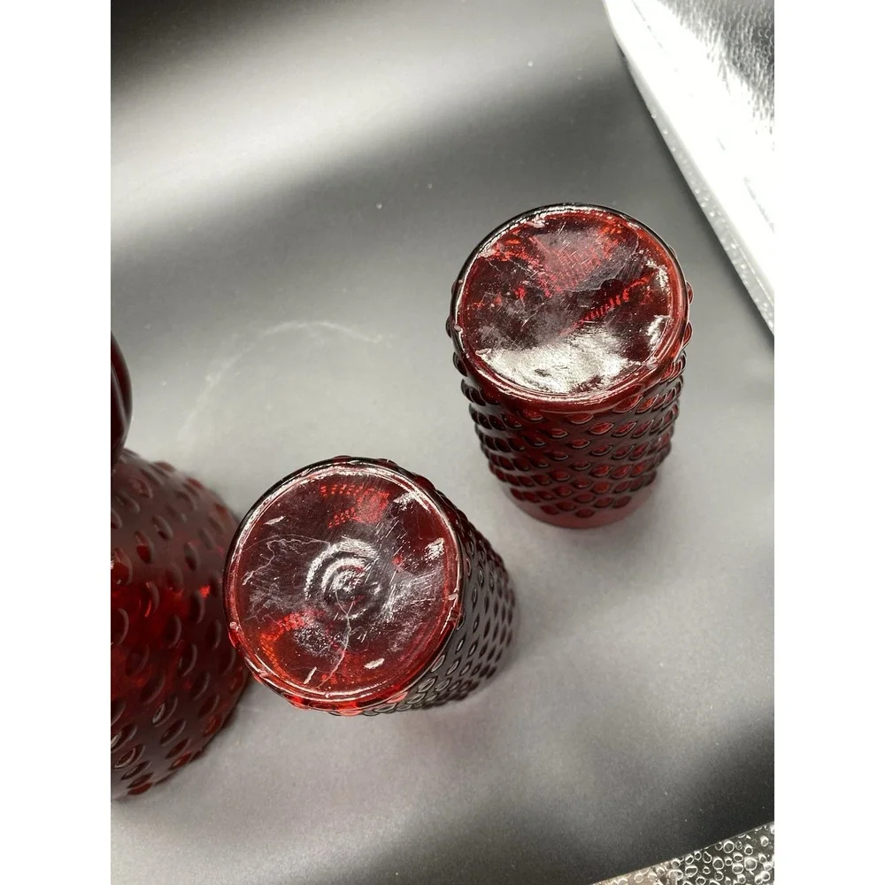 Vintage Ruby Red Hobnail Glass Pitcher and‎ 2 Tumbler Set Mid Century